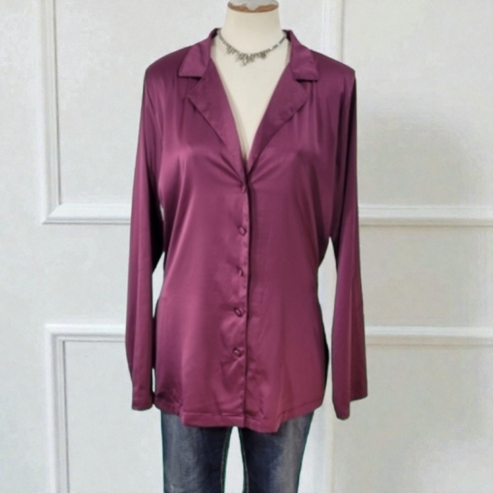 NWOT Burgundy Silky Button Front Blouse with Tie Waist Size 16